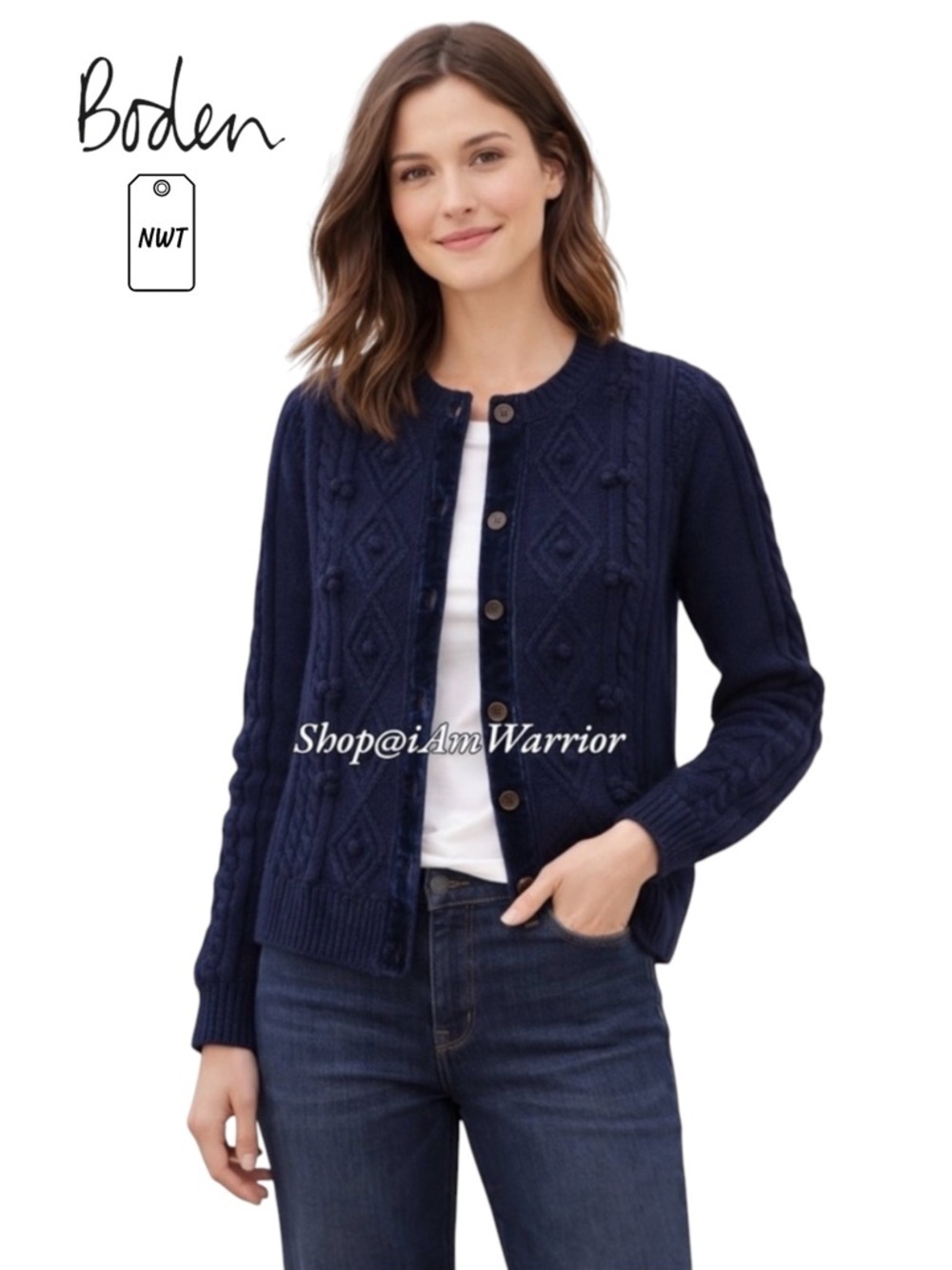 Boden NWT navy pom pom embroidered cardigan *shop@iamwarrior
